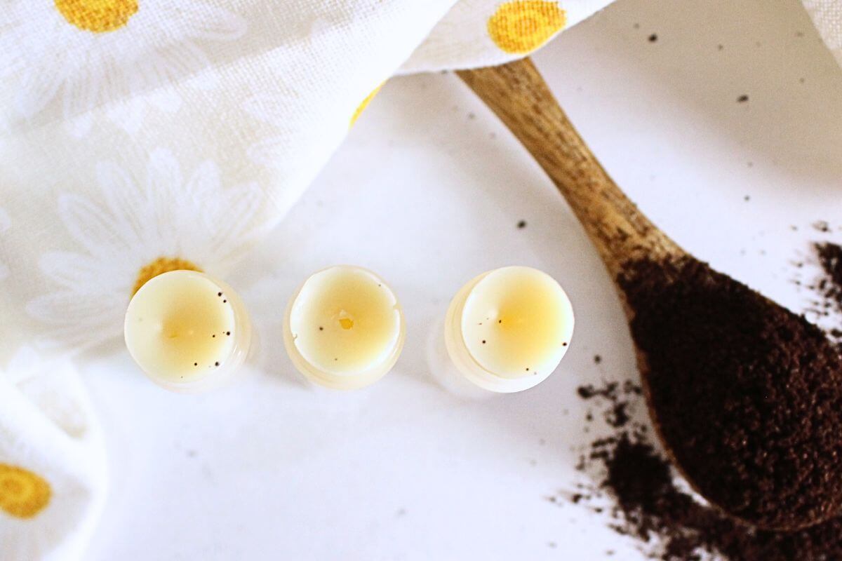 Homemade Coffee Lip Balm looking down on tubes