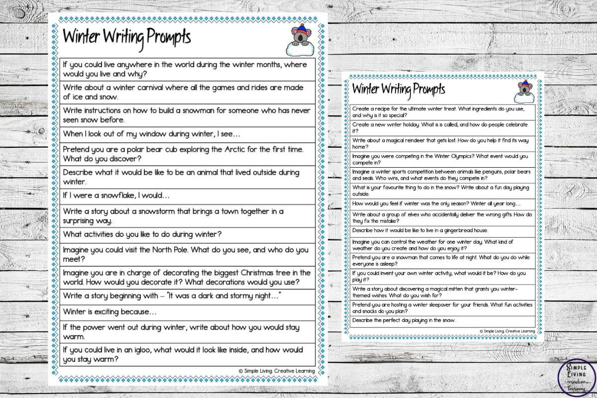 winter writing prompts the two pages one large and one small