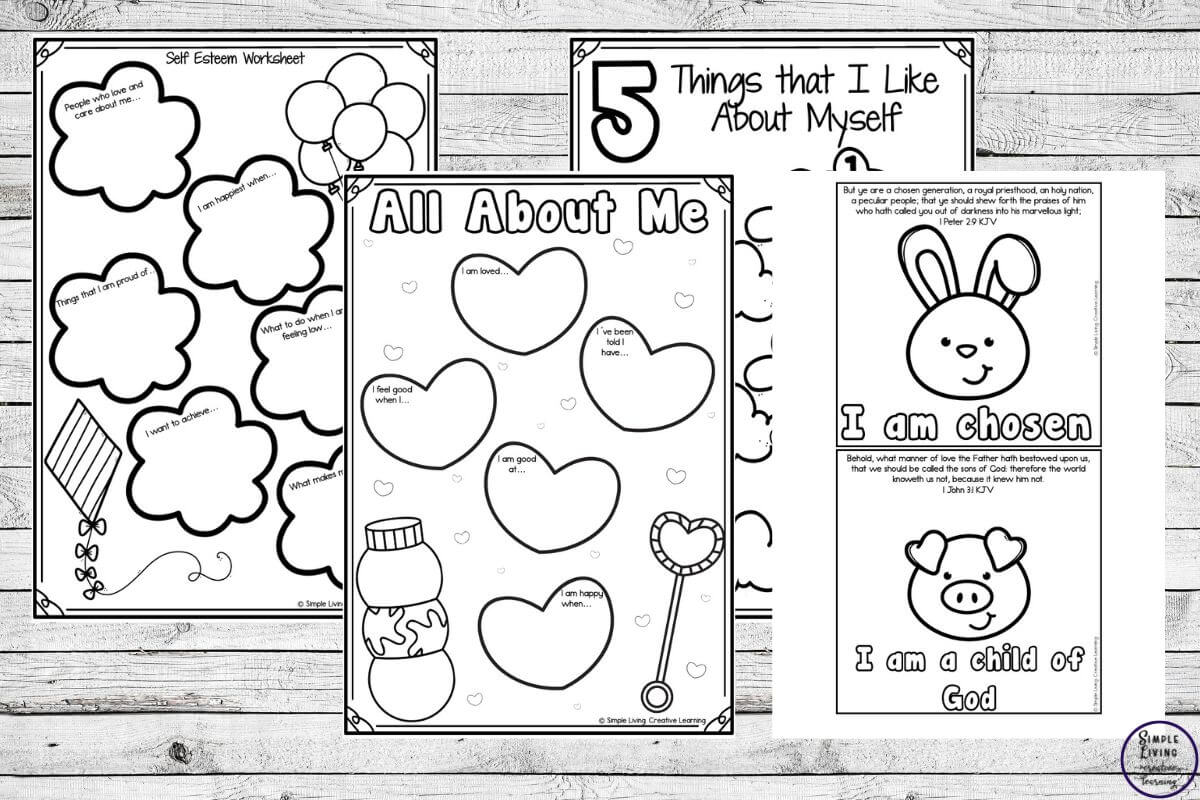 Self Esteem Activities for Kids four different pages