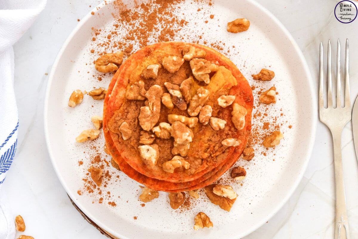 Pumpkin Pancakes looking down on pumpkin stack