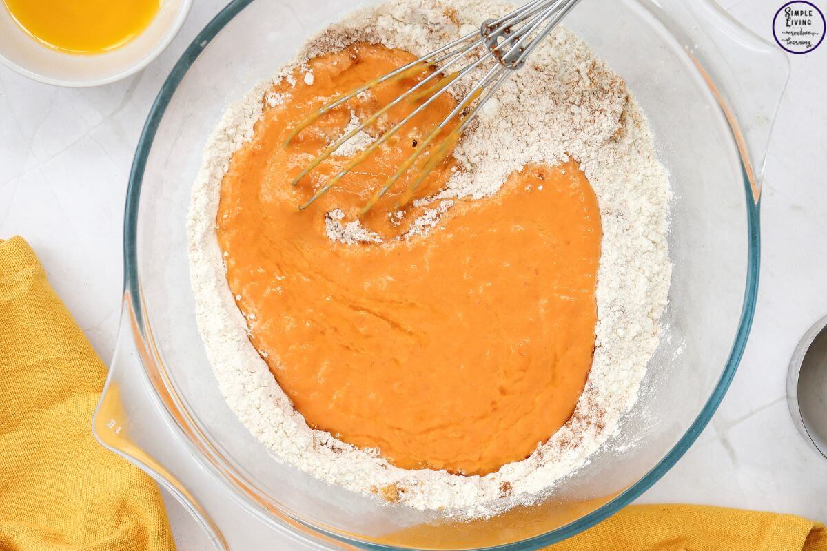 Pumpkin Pancakes adding wet ingredients to dry ingredients