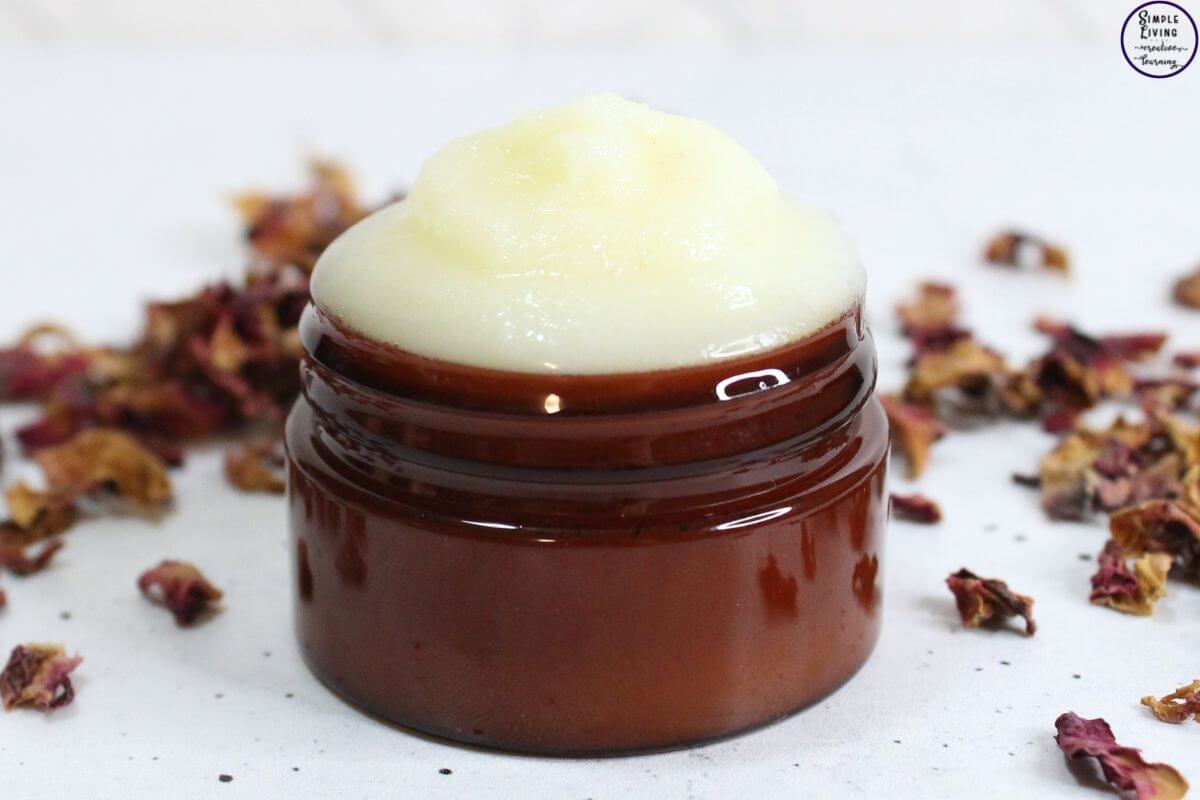 Homemade Rose Tallow Face Cream in a glass jar up close