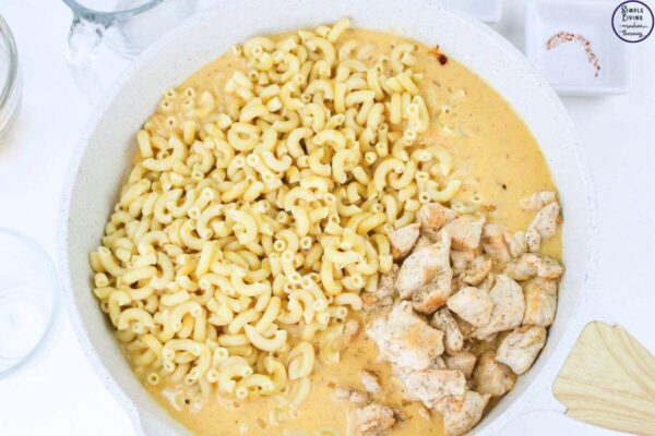 Chicken Macaroni and Cheese adding the pasta and chicken back in