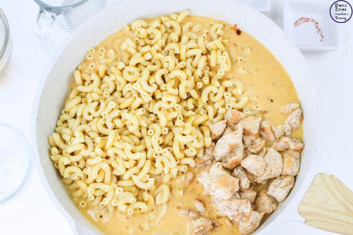 Chicken Macaroni and Cheese adding the pasta and chicken back in