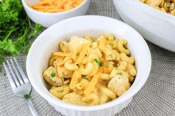 Chicken Macaroni and Cheese in a bowl ready to eat