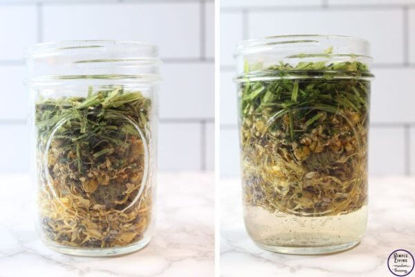 Homemade Jewelweed Spray adding witch hazel to dried herbs and flowers