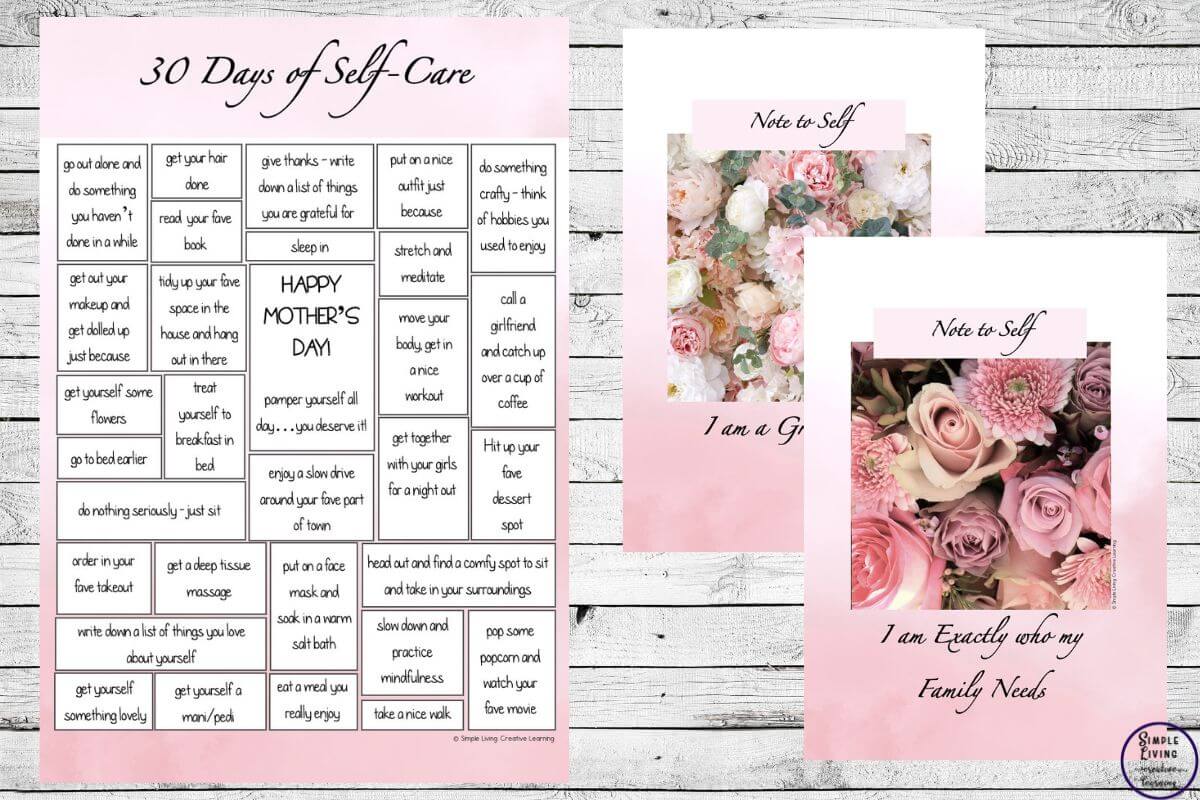 30 Days of Self-Care Ideas for Busy Mums list and two different posters