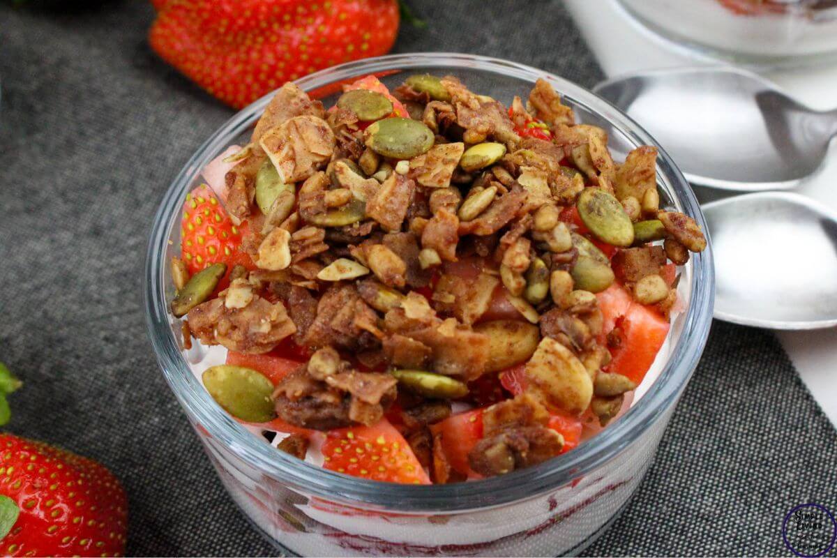 Strawberry Yoghurt Parfaits looking down on glass bowl