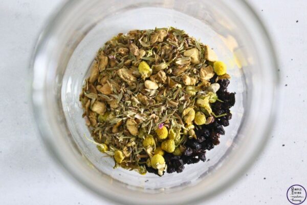Homemade Cold and Flu Tea herbs in a jar