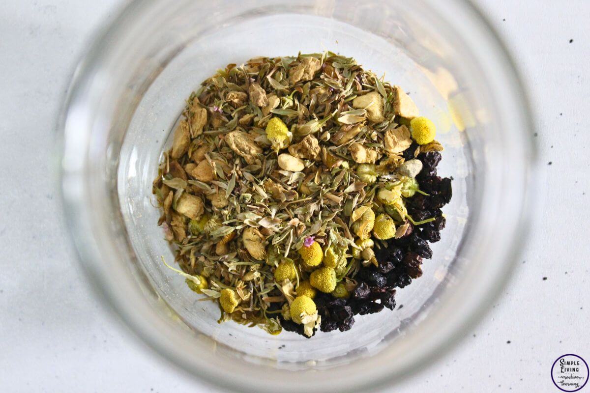 Homemade Cold and Flu Tea herbs in a jar