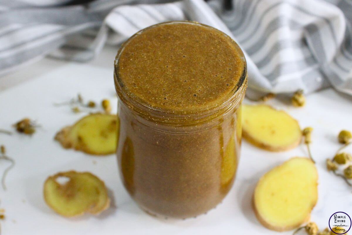 Chamomile Ginger Honey for Relieving Headaches looking down on an angle