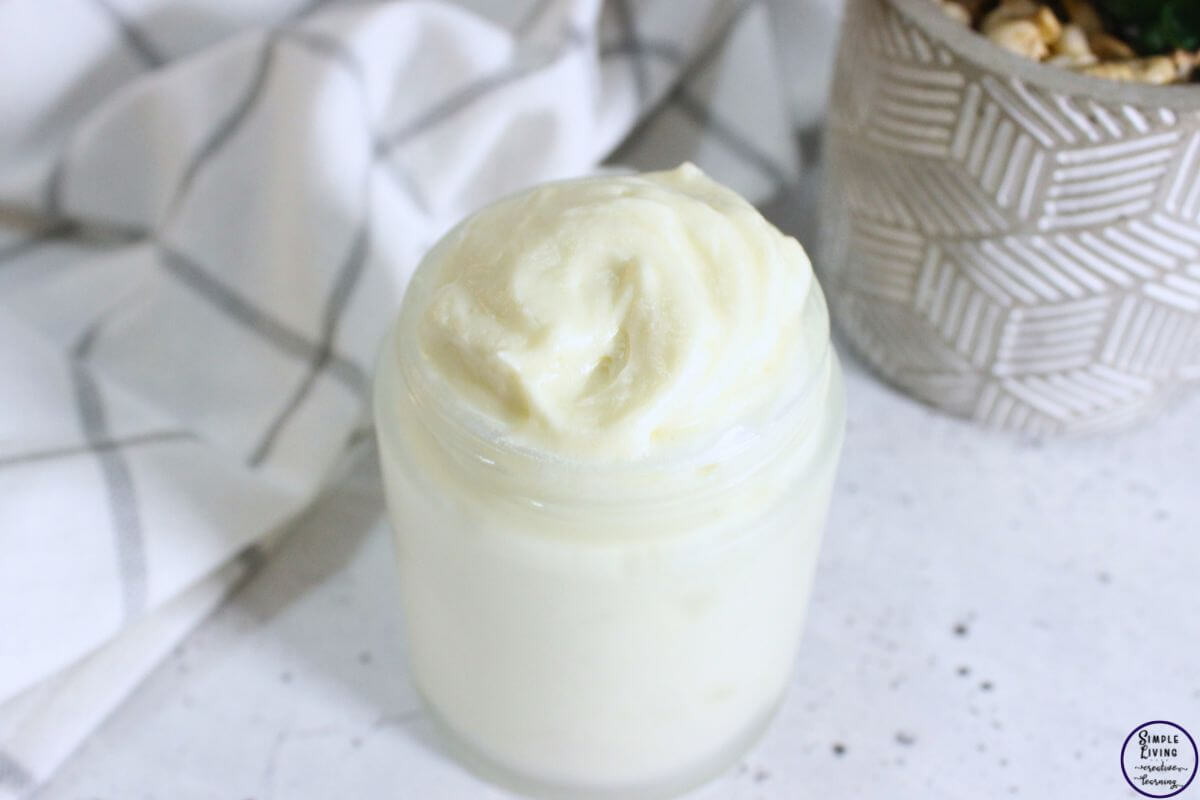 Homemade Leave in Conditioner in a glass jar sitting on a bench