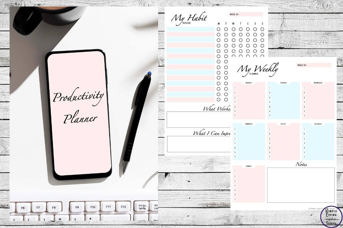 Printable Productivity Planner cover and two pages
