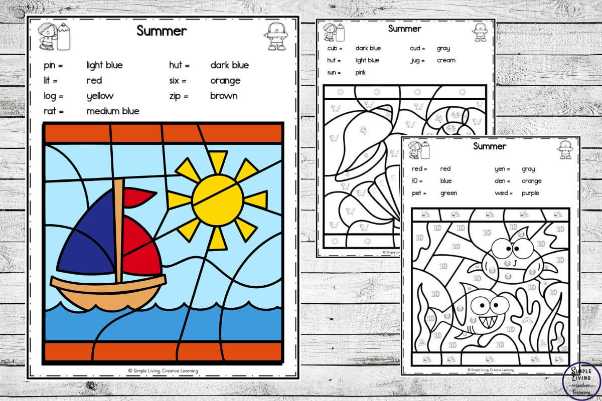 Summer Colour by Code Worksheets three pages one colour and 2 black and white