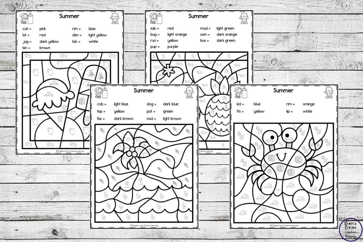 Summer Colour by Code Worksheets four black and white pages