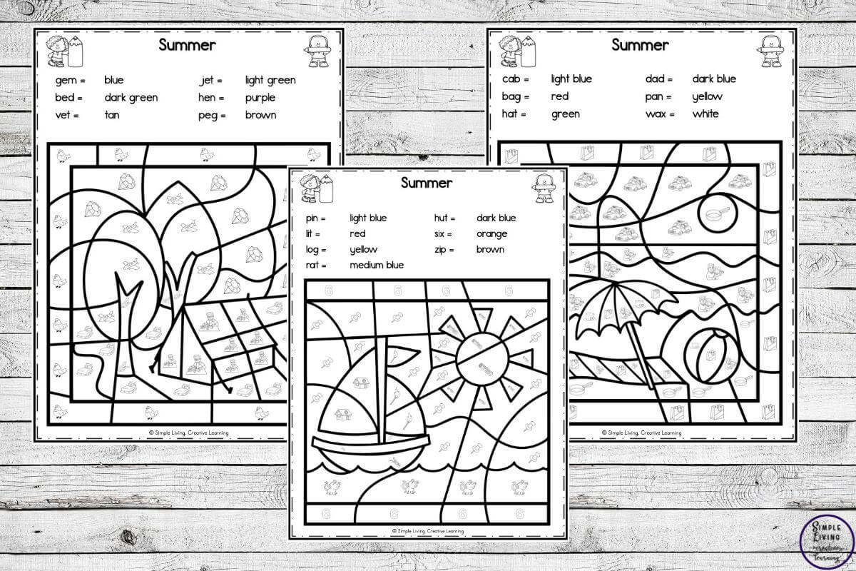 Summer Colour by Code Worksheets three black and white pages