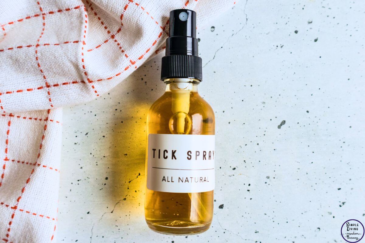 Homemade Tick Spray in a spray bottle laying on a bench