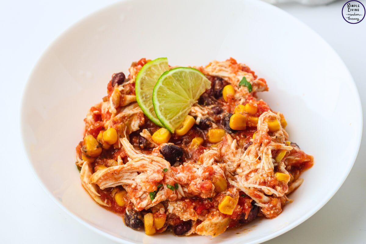 Slow Cooker Salsa Chicken {Dump & Go Freezer Meal} in a white bowl ready to eat