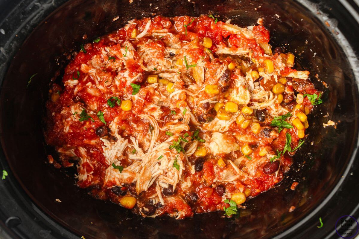 Slow Cooker Salsa Chicken {Dump & Go Freezer Meal} shredding the chicken