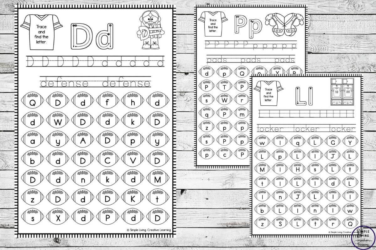 Football Letter Trace and Find Printables three pages