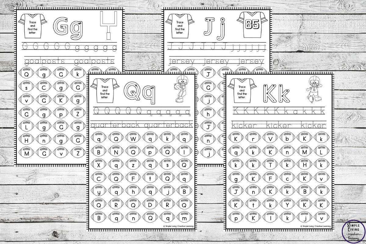 Football Letter Trace and Find Printables four different pages