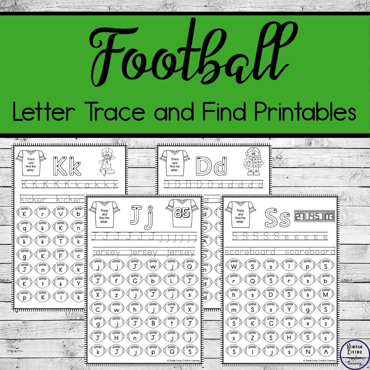 Football Letter Trace and Find Printables four pages