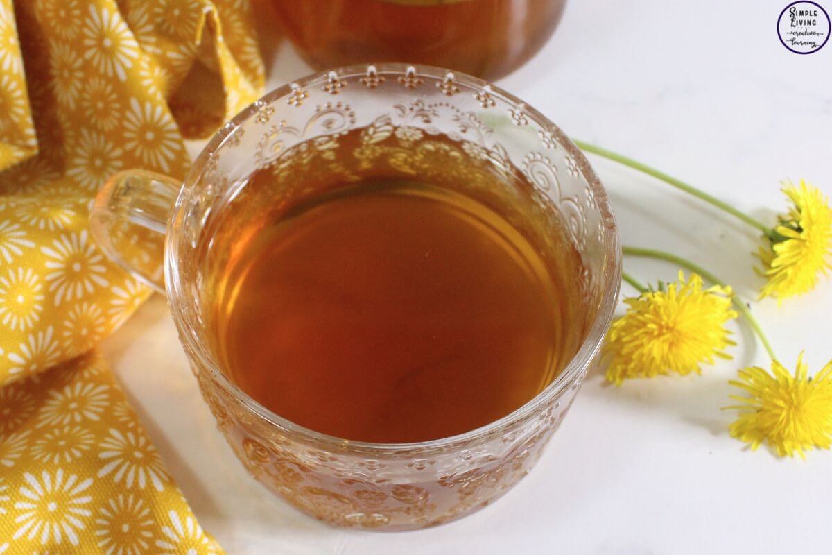 Homemade Dandelion Tea looking down on glass mug