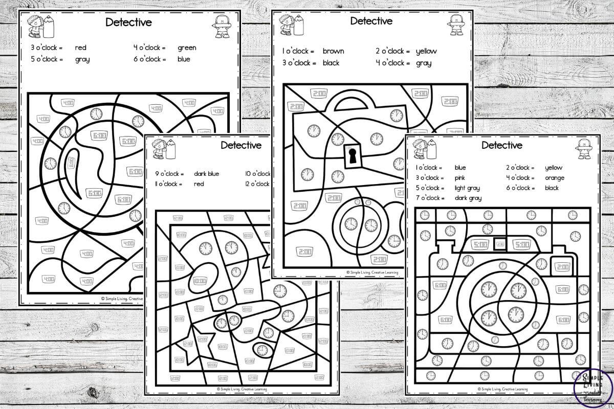Detective Colour By Code Worksheets four black and white pages